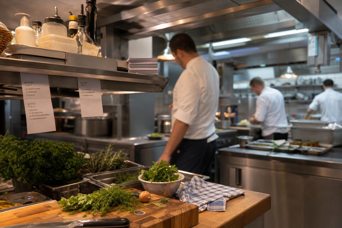 Etablierte Restaurantküche im Service mit Pass und Bons.