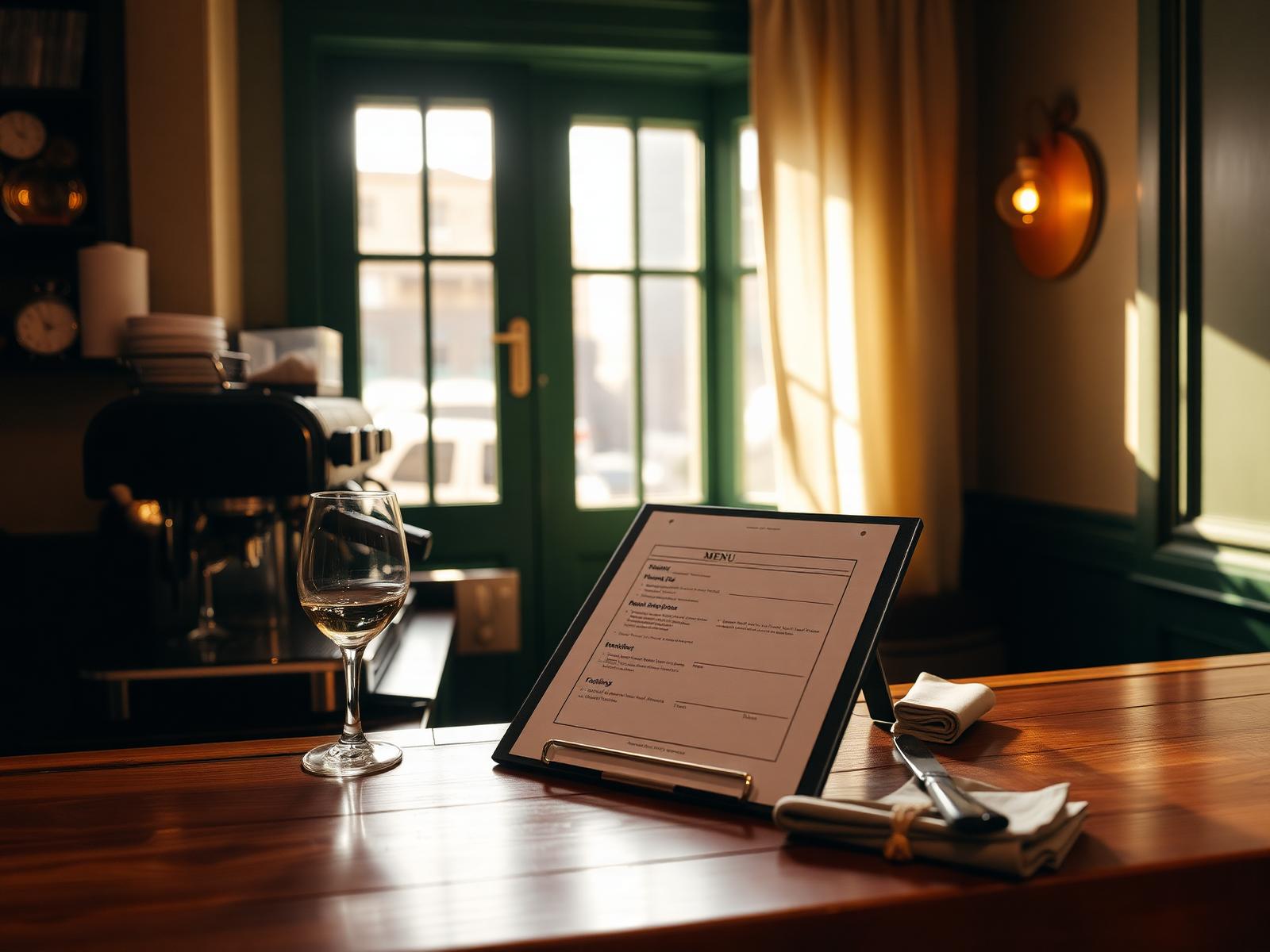 Bistro vor Öffnung mit aufgeschlagener Tageskarte und Espressomaschine.