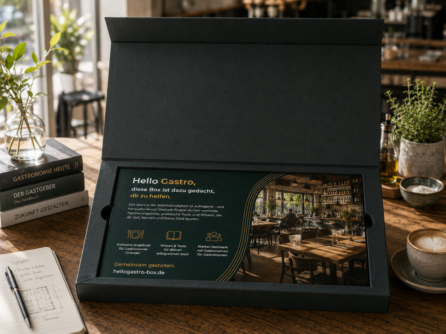 Geöffnete Hello-Gastro-Gründungsbox auf einem Restauranttisch.